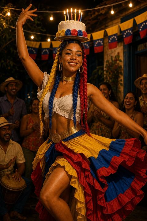 La Bailarina balancing a birthday cake on her head