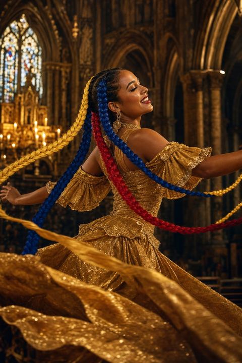 La Bailarina's tricolor braids caught mid-motion as she dances