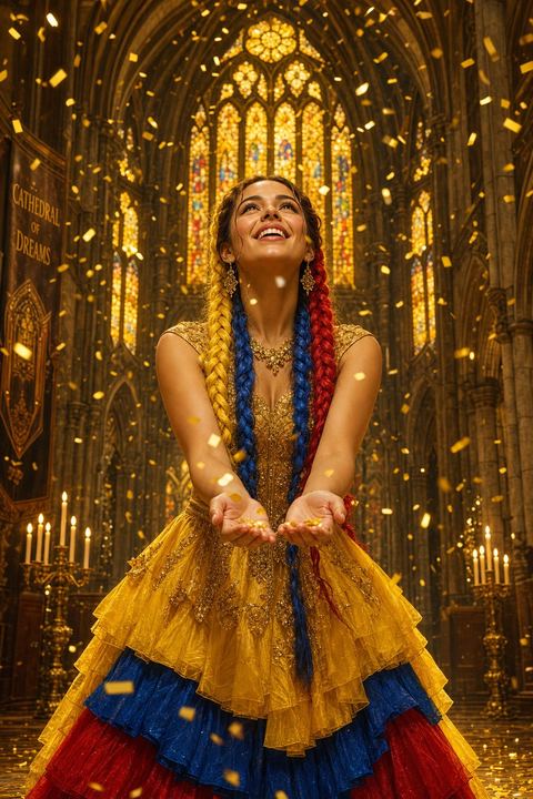La Bailarina reaching up to catch falling confetti