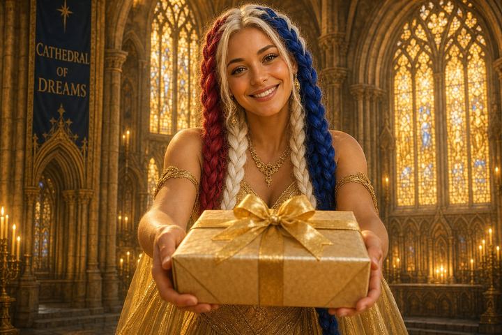 La Bailarina handing over a wrapped birthday gift