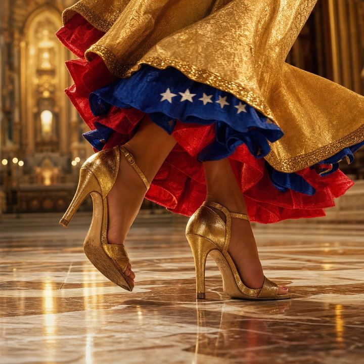 La Bailarina clicking her heels together in celebration