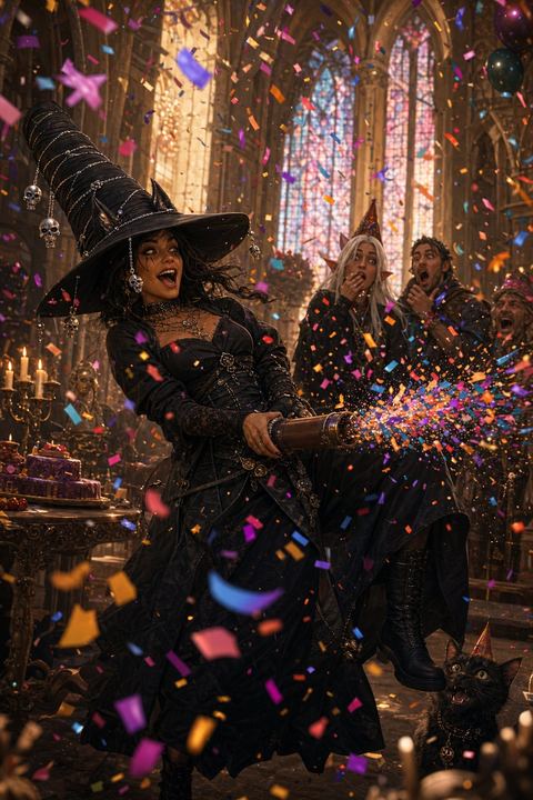 LUNA caught mid-recoil after firing a confetti cannon
