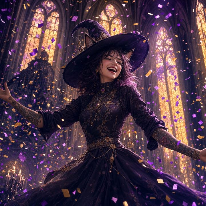 LUNA in a witch hat, surrounded by a burst of confetti