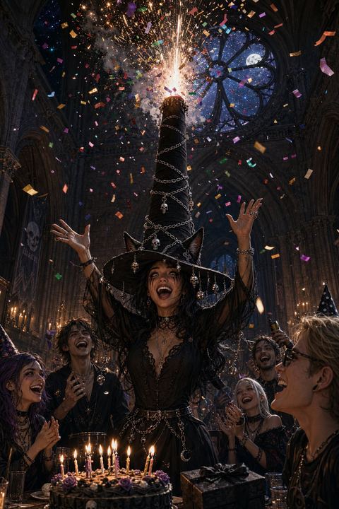 LUNA in her witch hat, launching a round of fireworks