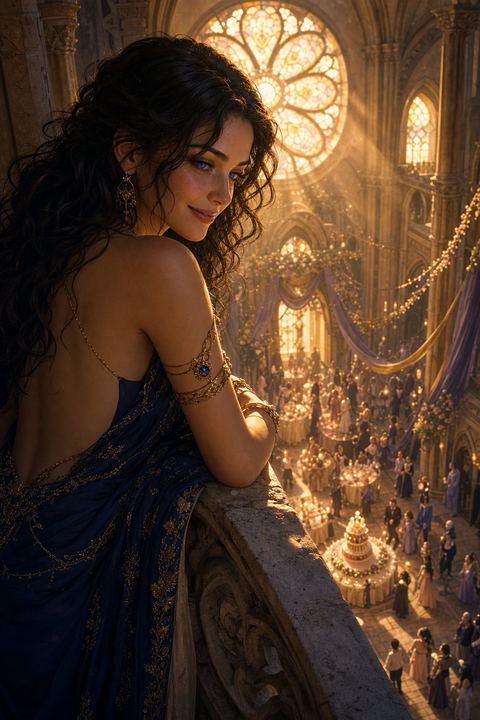 MIKO standing on a balcony overlooking the Cathedral of Dreams