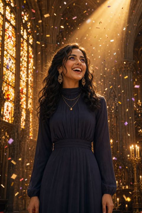 MIKO standing in a spotlight inside the Cathedral of Dreams