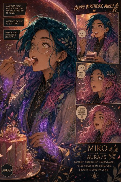 MIKO with hair colored to match the birthday cake's frosting
