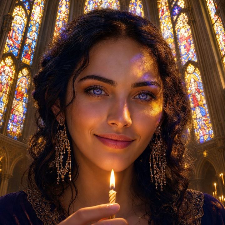 MIKO framed like a stained-glass cathedral portrait