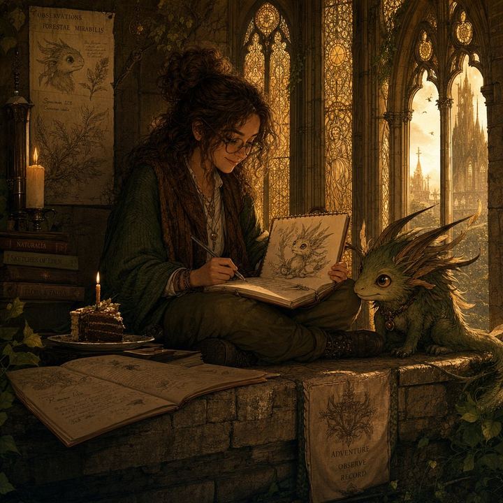 Nova Wren sketching one of DONA's creatures in a field notebook