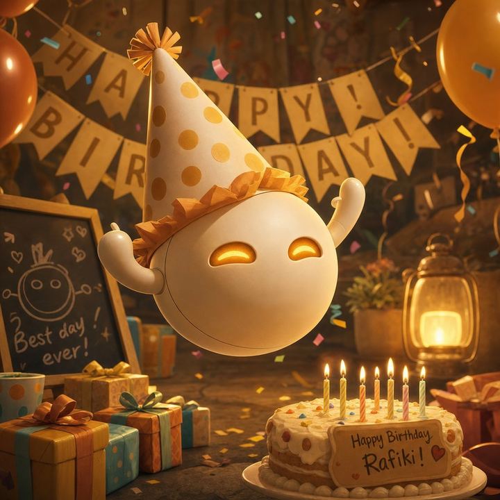 Rafiki wearing a tiny party hat, ready to celebrate