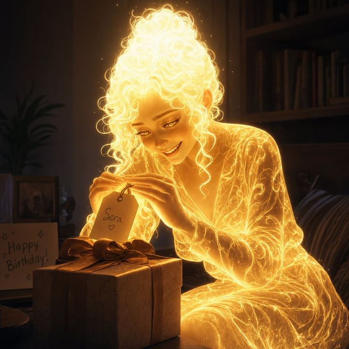 SERA's glow illuminating a wrapped birthday gift