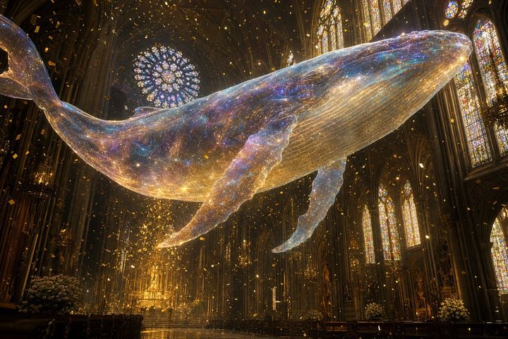 The Stardust Whale swimming gracefully through the Cathedral of Dreams