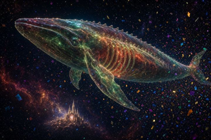 The Stardust Whale swimming through a cloud of falling confetti