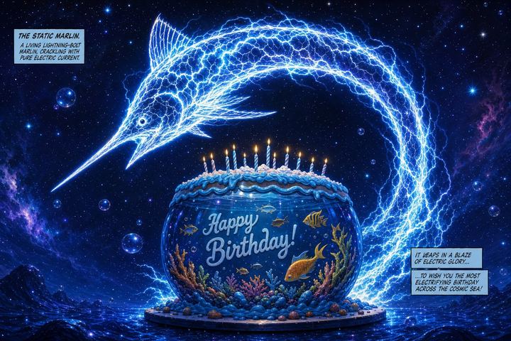 The Static Marlin leaping over the birthday cake mid-celebration