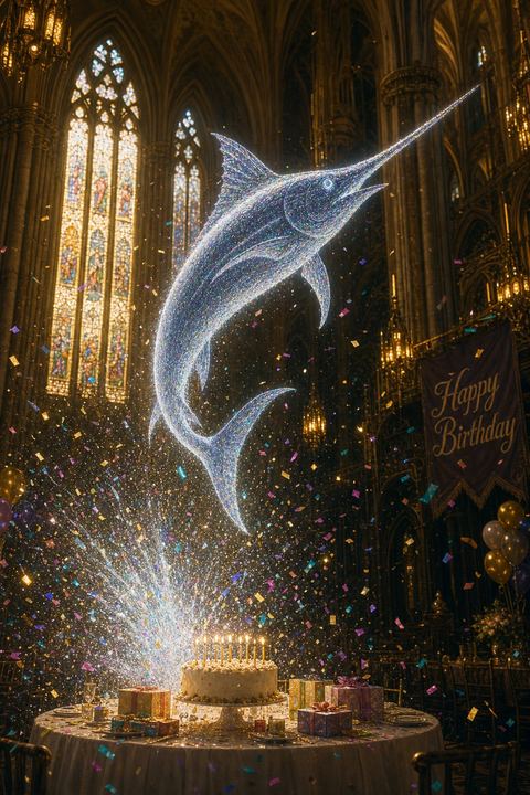 The Static Marlin leaping through the air mid-celebration