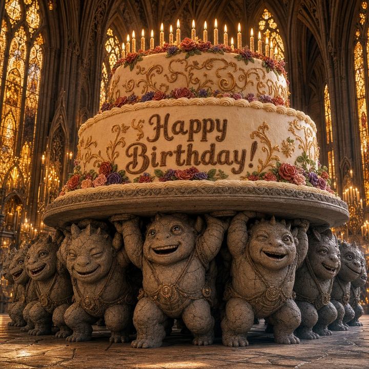 The Weight-Bearers supporting an enormous cake stand