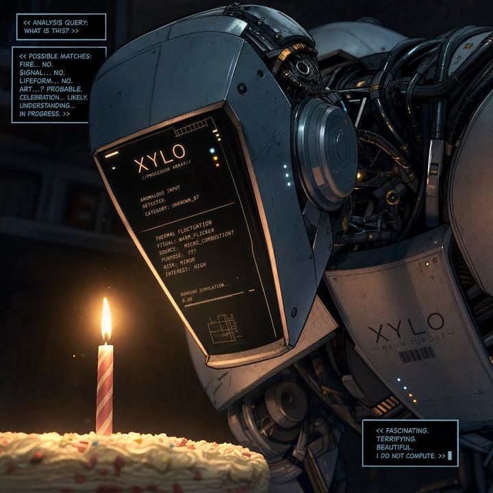 XYLO staring curiously at a single candle flame