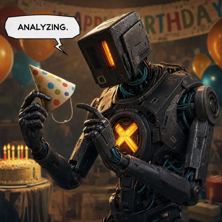 XYLO looking puzzled while wearing a party hat