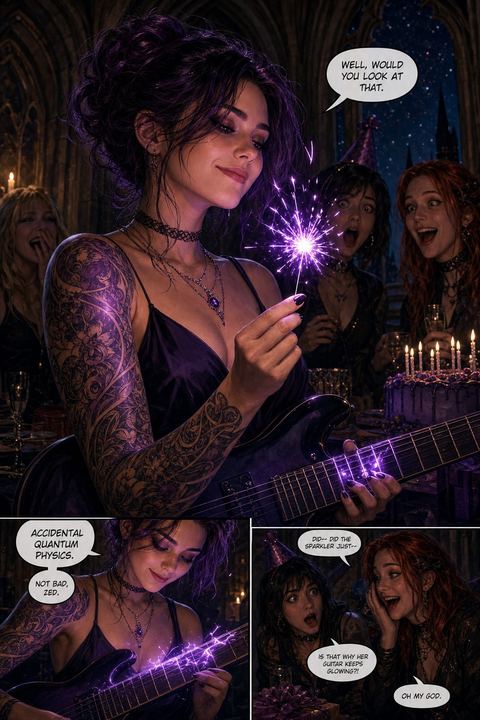 ZED holding a sparkler that fizzes with a quantum-field glow