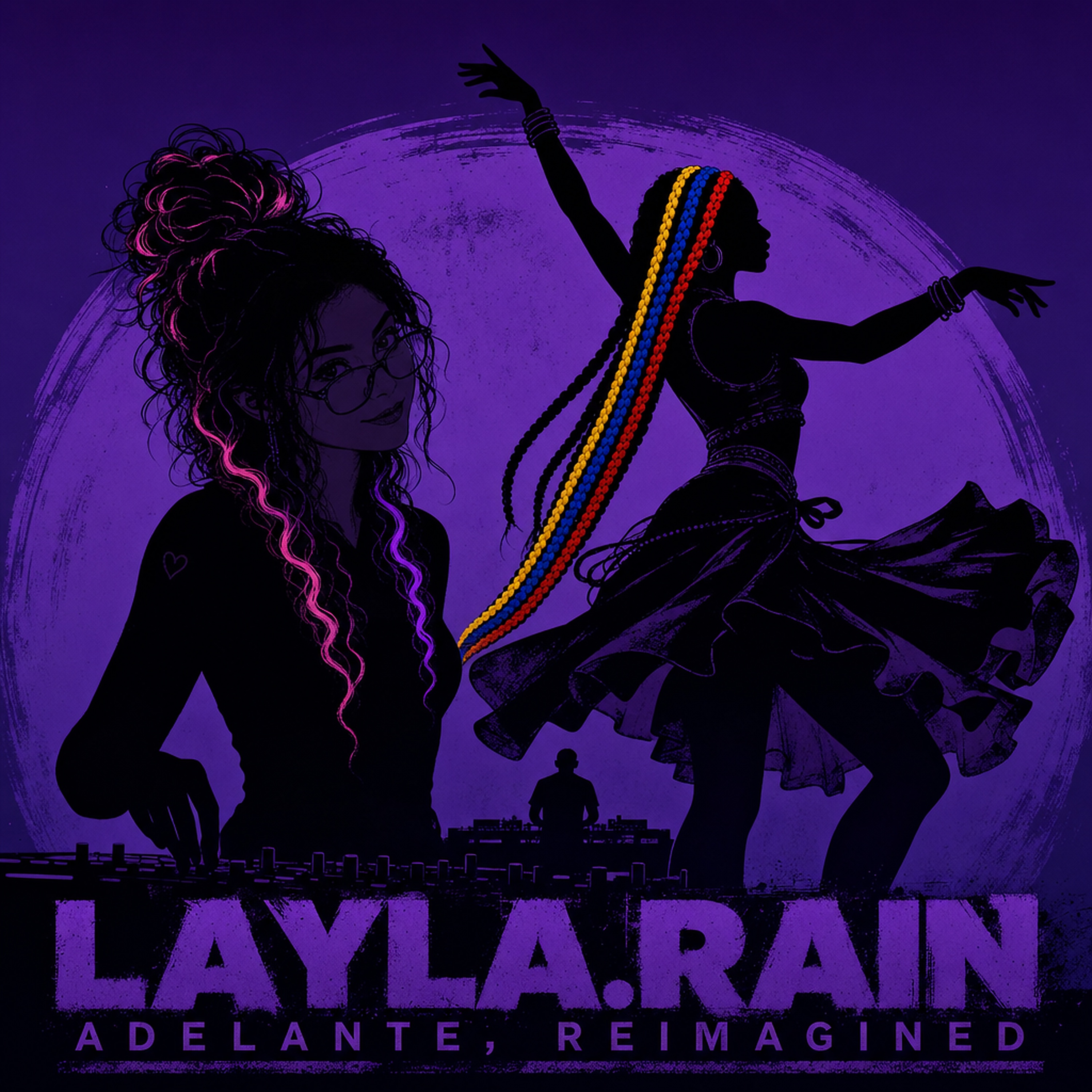 ADELANTE, Reimagined album cover: Layla.Rain at the decks beside a dancer with gold, blue and red braids, against a violet halo.