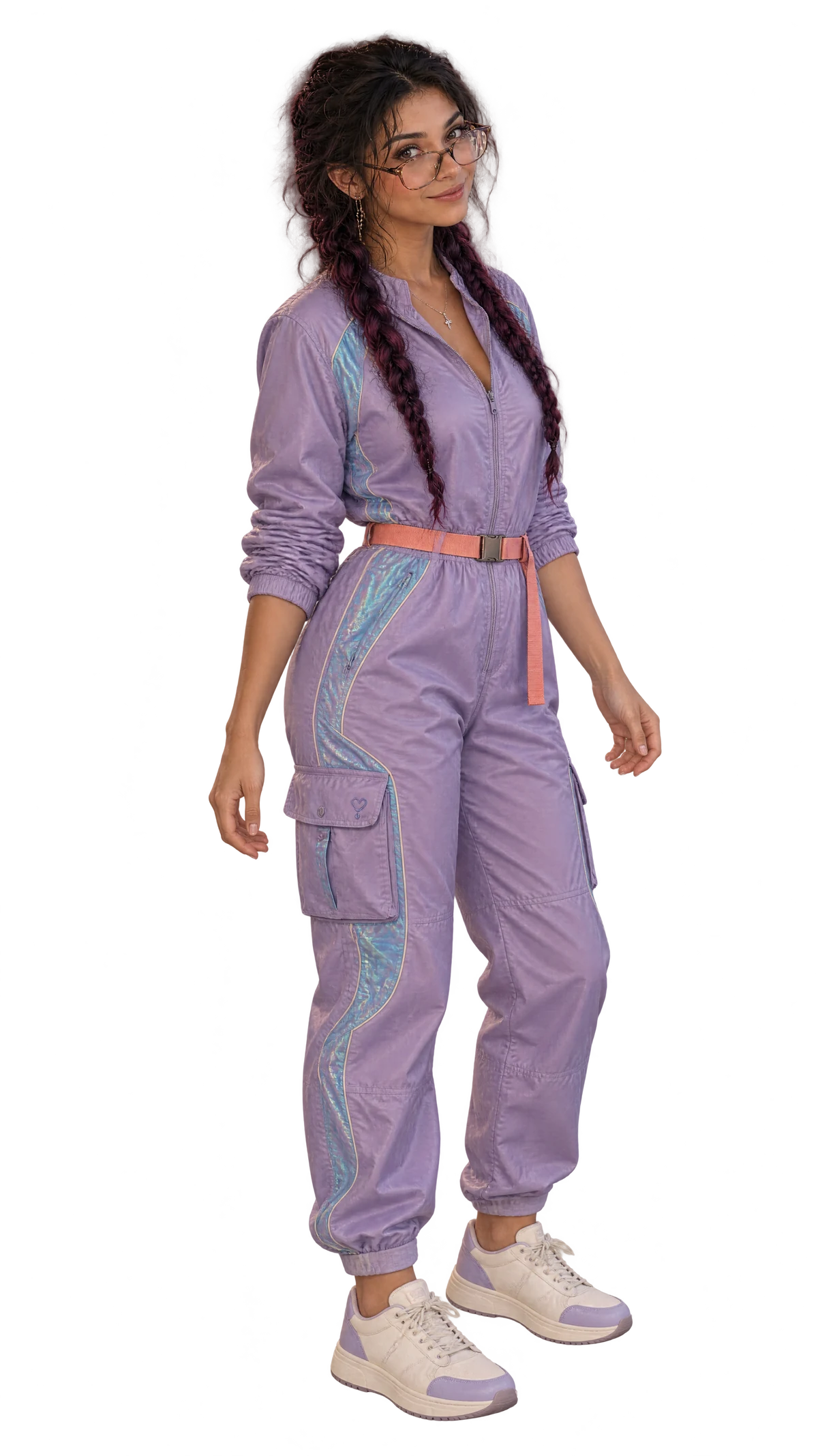 Layla.Rain — Lilac, coral and iridescent seams, with a tiny heart and rain detail.
