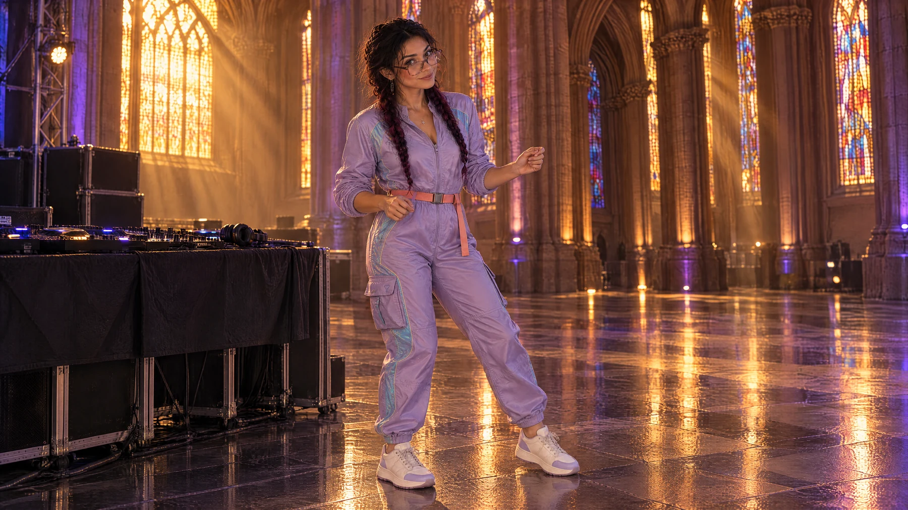 Layla.Rain — A grounded dance phrase beside the Cathedral console.