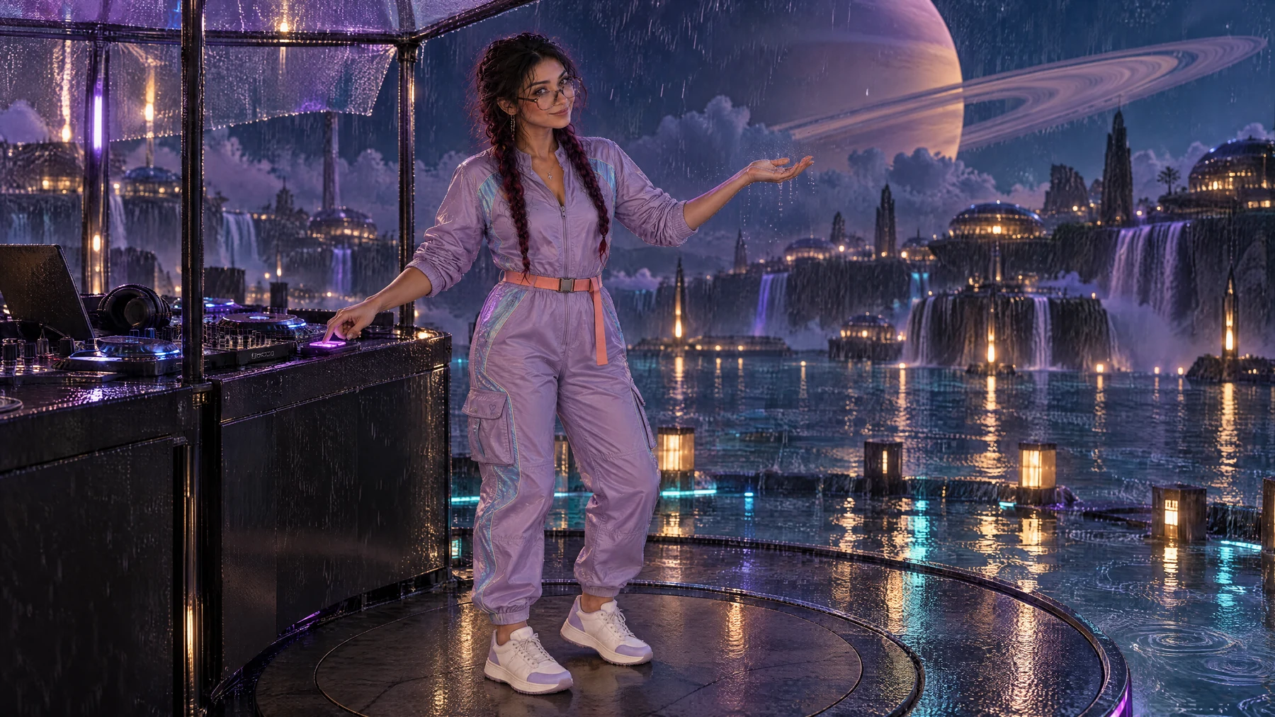 Layla.Rain in her lilac Rainlight jumpsuit, touching a DJ cue and catching rain beneath Saturn's rings.