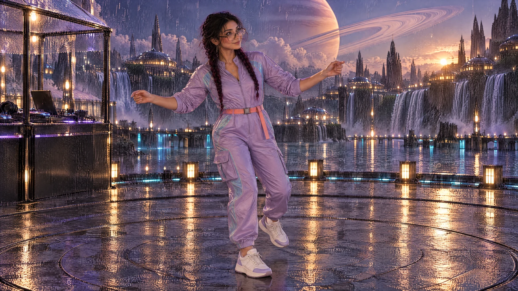 Layla.Rain — Room to dance beneath Saturn, with waterfalls and a city of light beyond the stage.